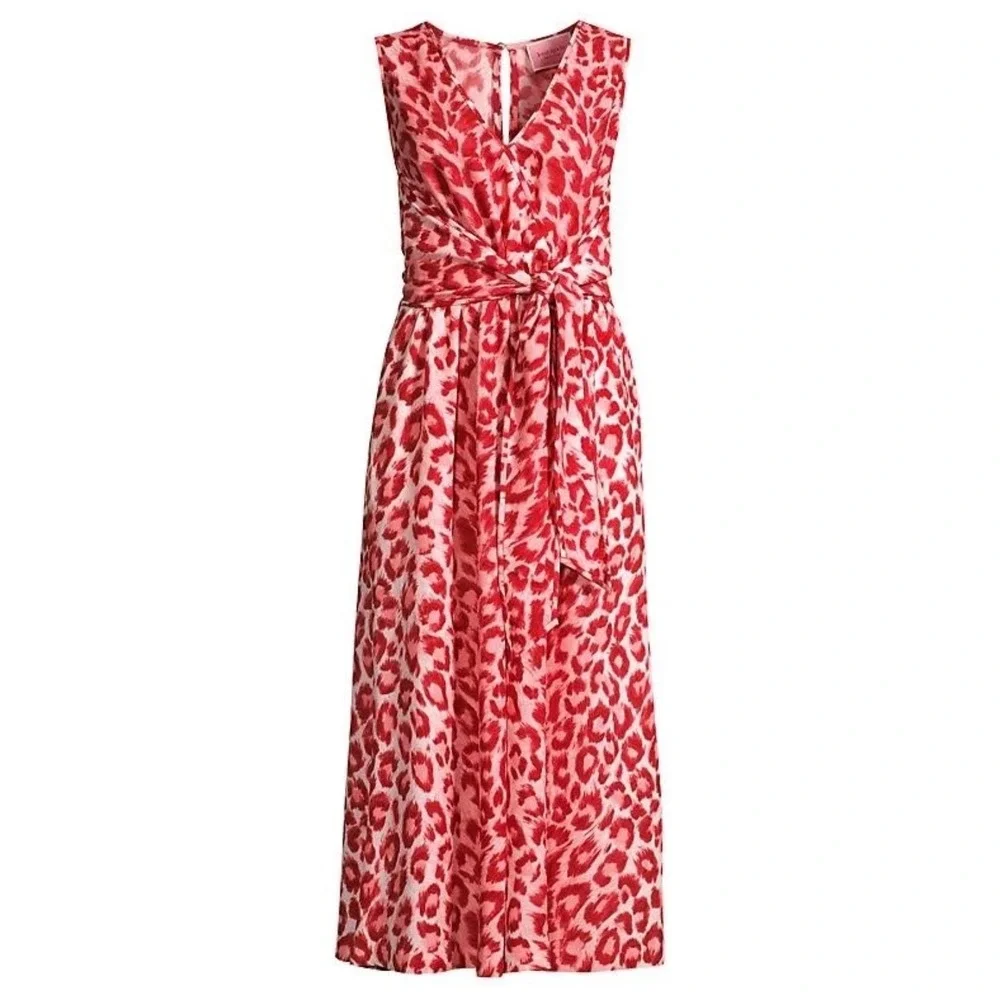 Kate Spade Pink Leopard Print V-Neck Tie Front Midi Dress XS Sleeveless NJMUA674